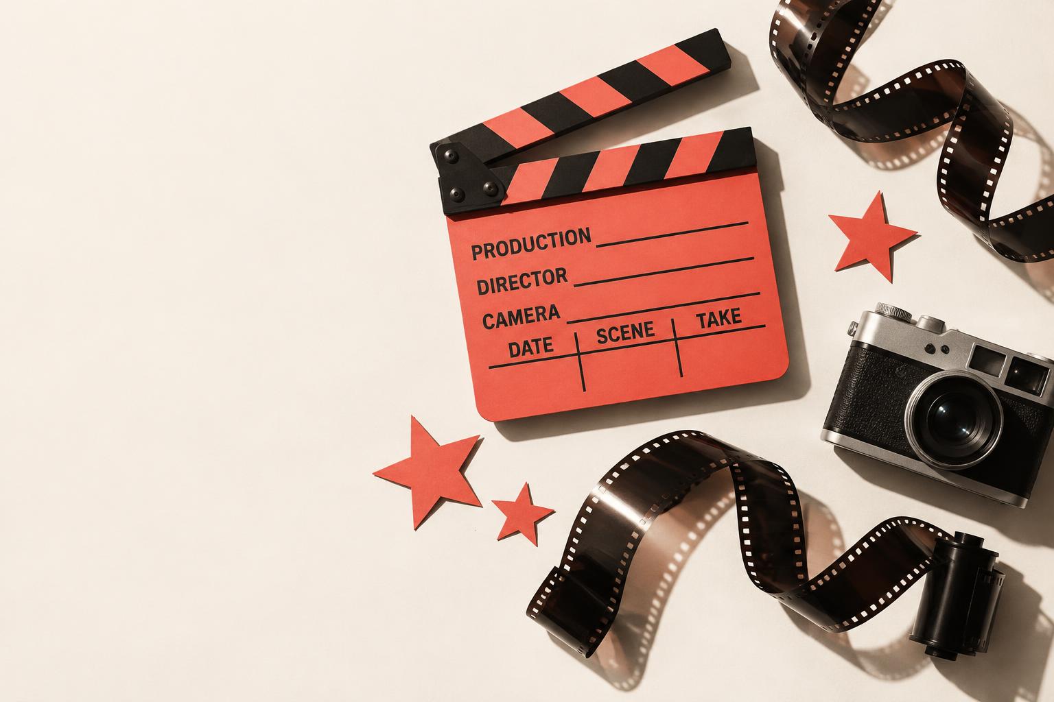 A coral clapperboard, film strips and a vintage camera on warm paper